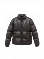 BROCK black faux leather puffer jacket with a high collar and full zip front closure