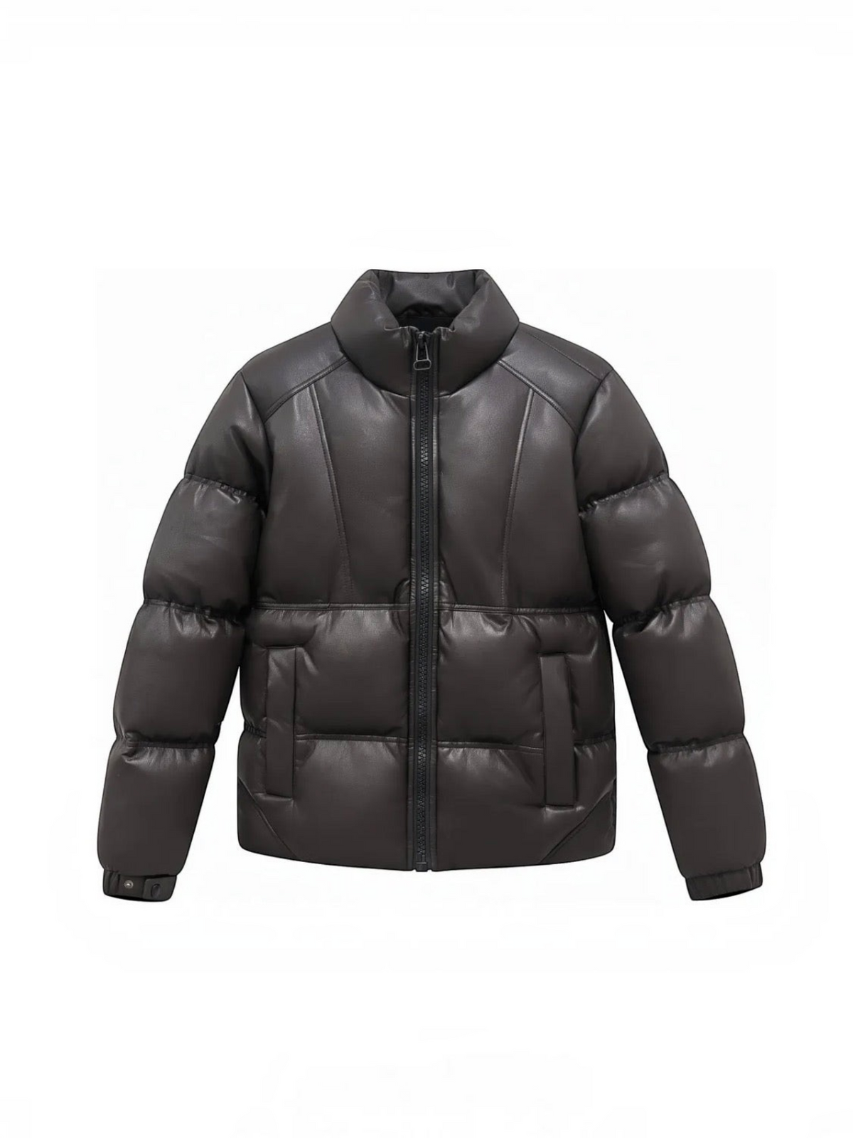 BROCK black faux leather puffer jacket with a high collar and full zip front closure