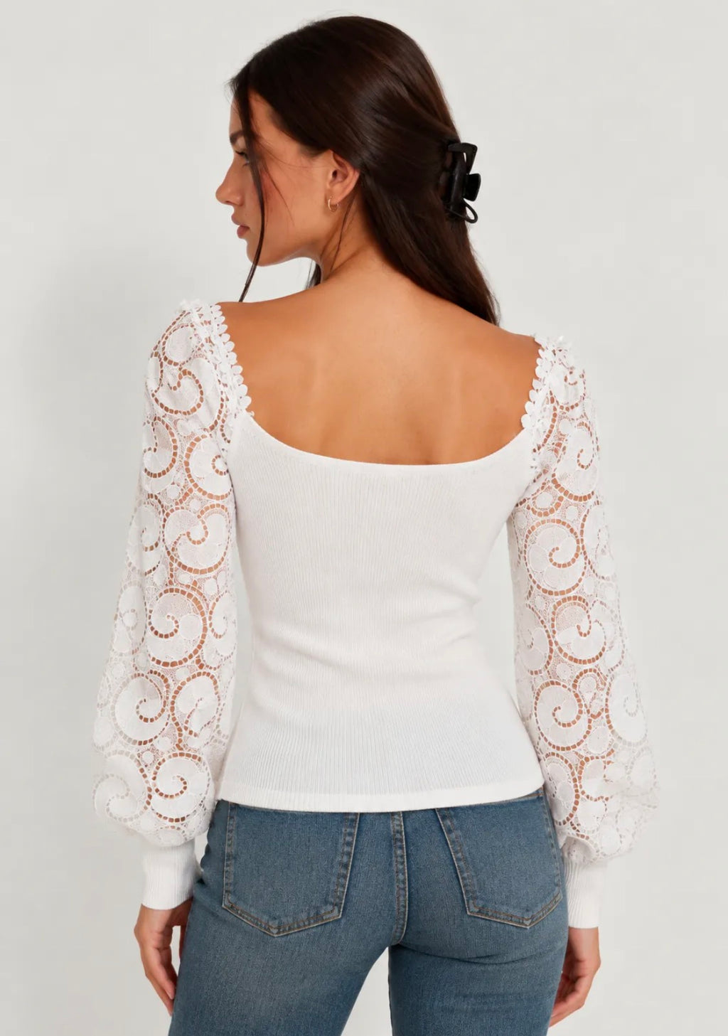 Pull femme col Bardot à manches en dentelle FRIME