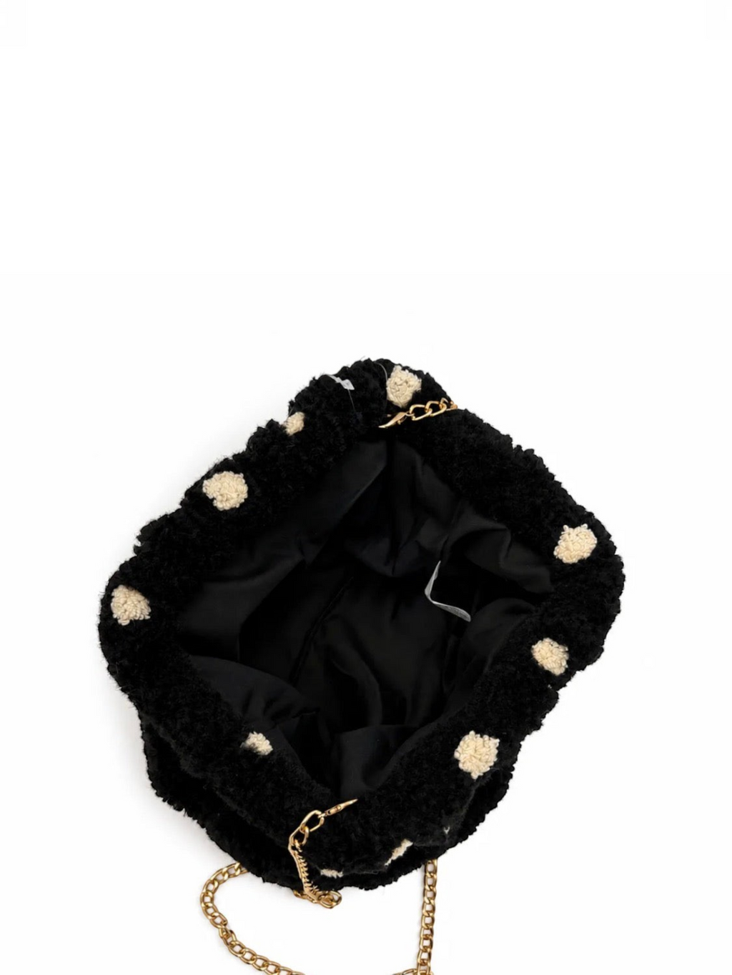 Pochette BROCK GALLANTRY en moumoute noire à pois blancs avec chaîne dorée, vue intérieure ouverte
