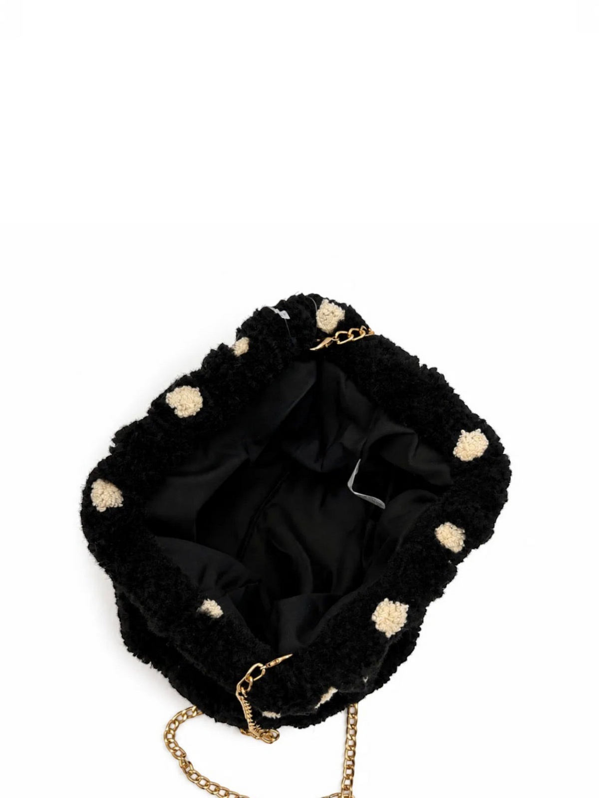Pochette BROCK GALLANTRY en moumoute noire à pois blancs avec chaîne dorée, vue intérieure ouverte