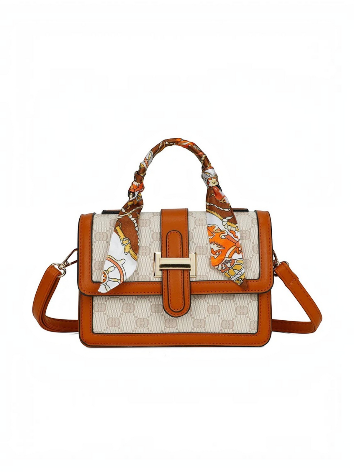 Sac à main BROCK GALLANTRY marron et beige avec foulard décoratif sur la anse et fermeture zippée élégante