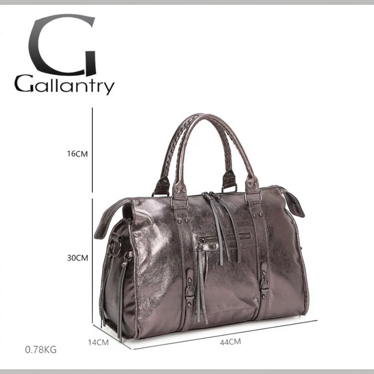 Sac à main BROCK Gallantry en similicuir métallisé gris avec anses tressées et poches zippées