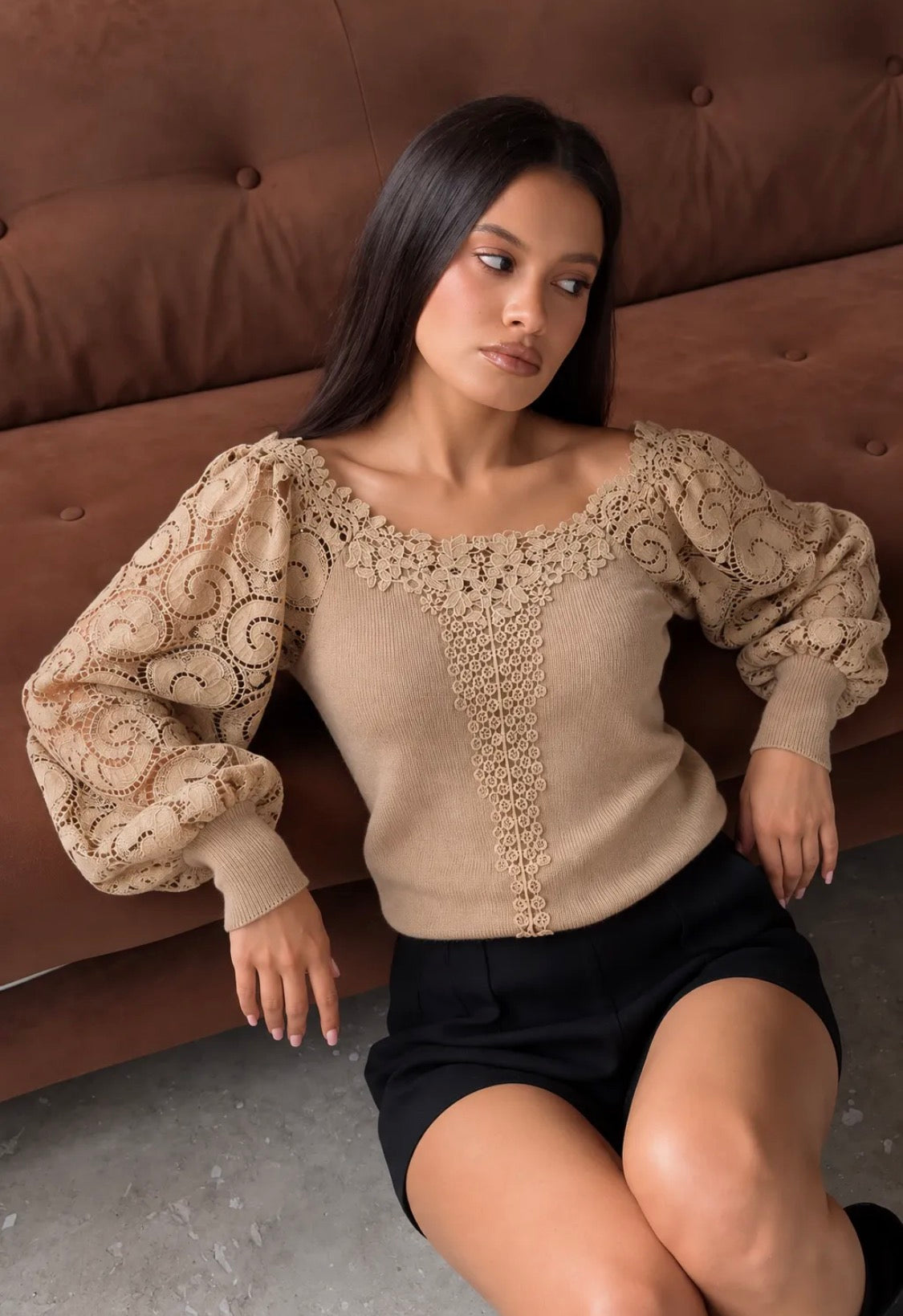 Pull femme col Bardot à manches en dentelle FRIME