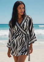 Kimono femme zébré noir et blanc à nouer FRIME