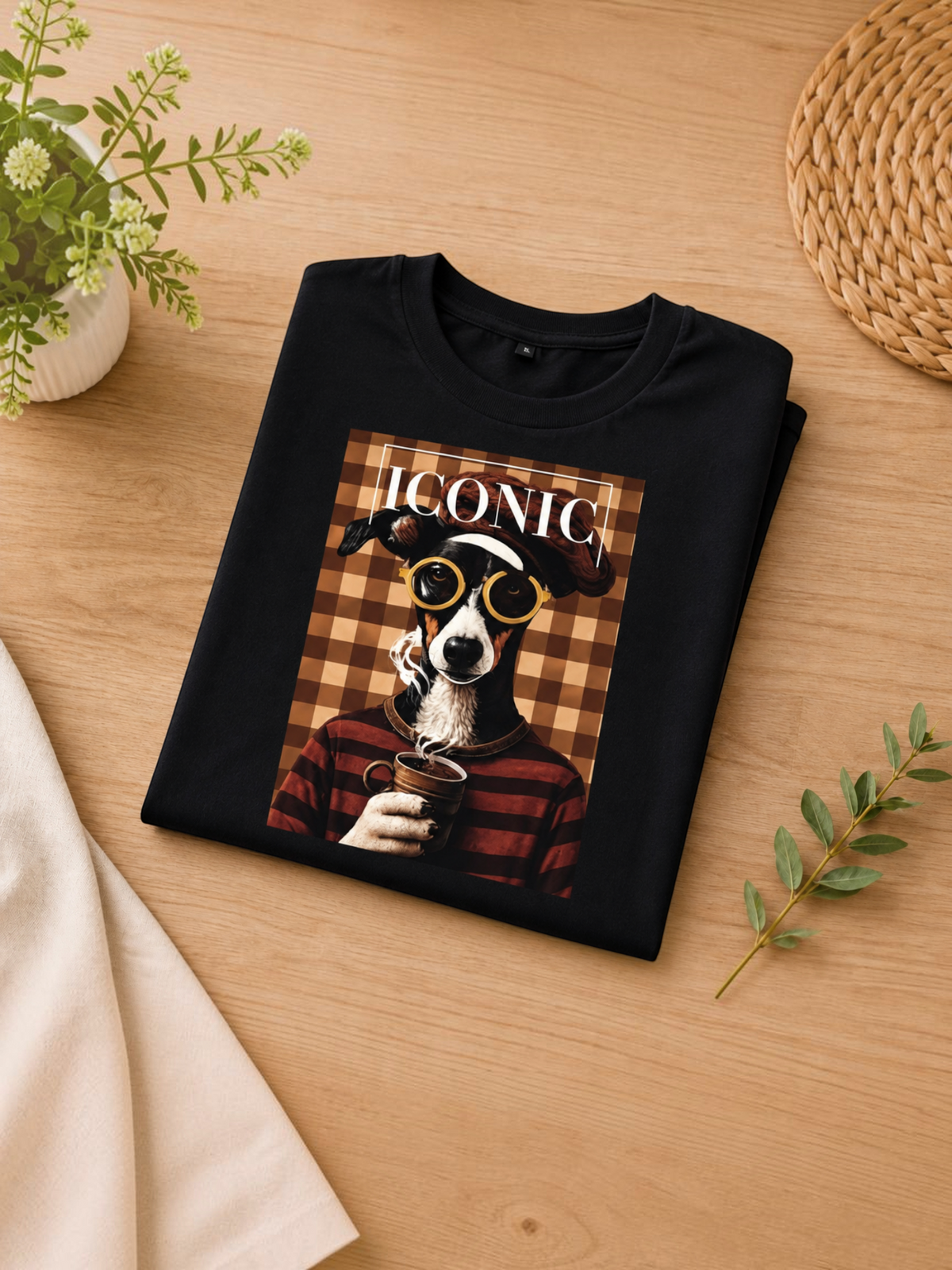 T-shirt oversize noir BROCK en coton avec imprimé graphique de chien portant des lunettes et une tasse de café