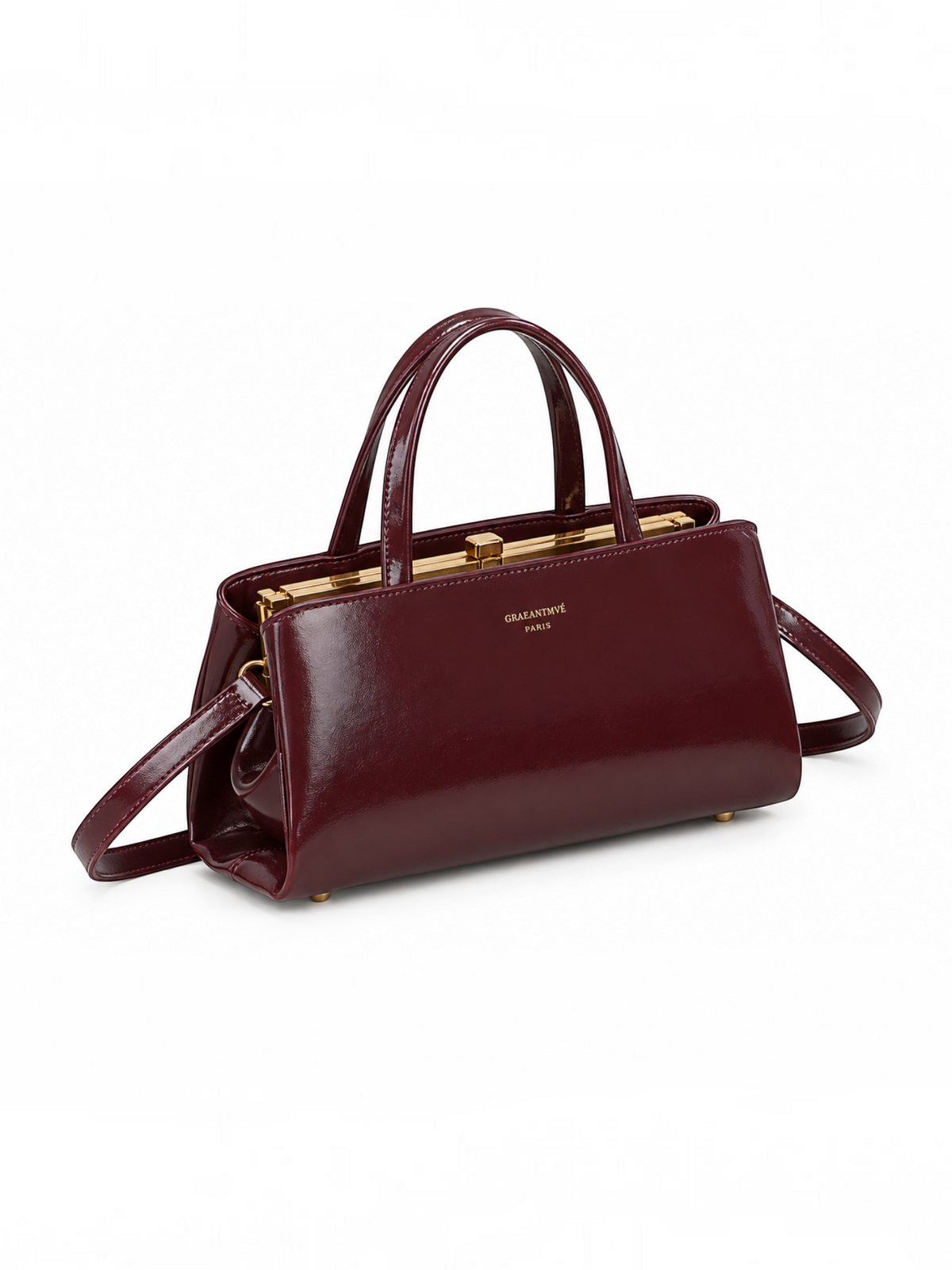 Sac à main BROCK GALLANTRY La Rivance bordeaux brillant avec armature métallique dorée et bandoulière amovible