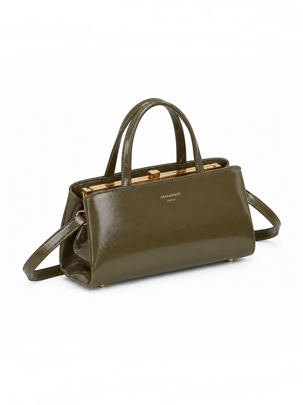 Sac à main BROCK GALLANTRY La Rivance vert olive brillant avec armature métallique dorée et bandoulière amovible