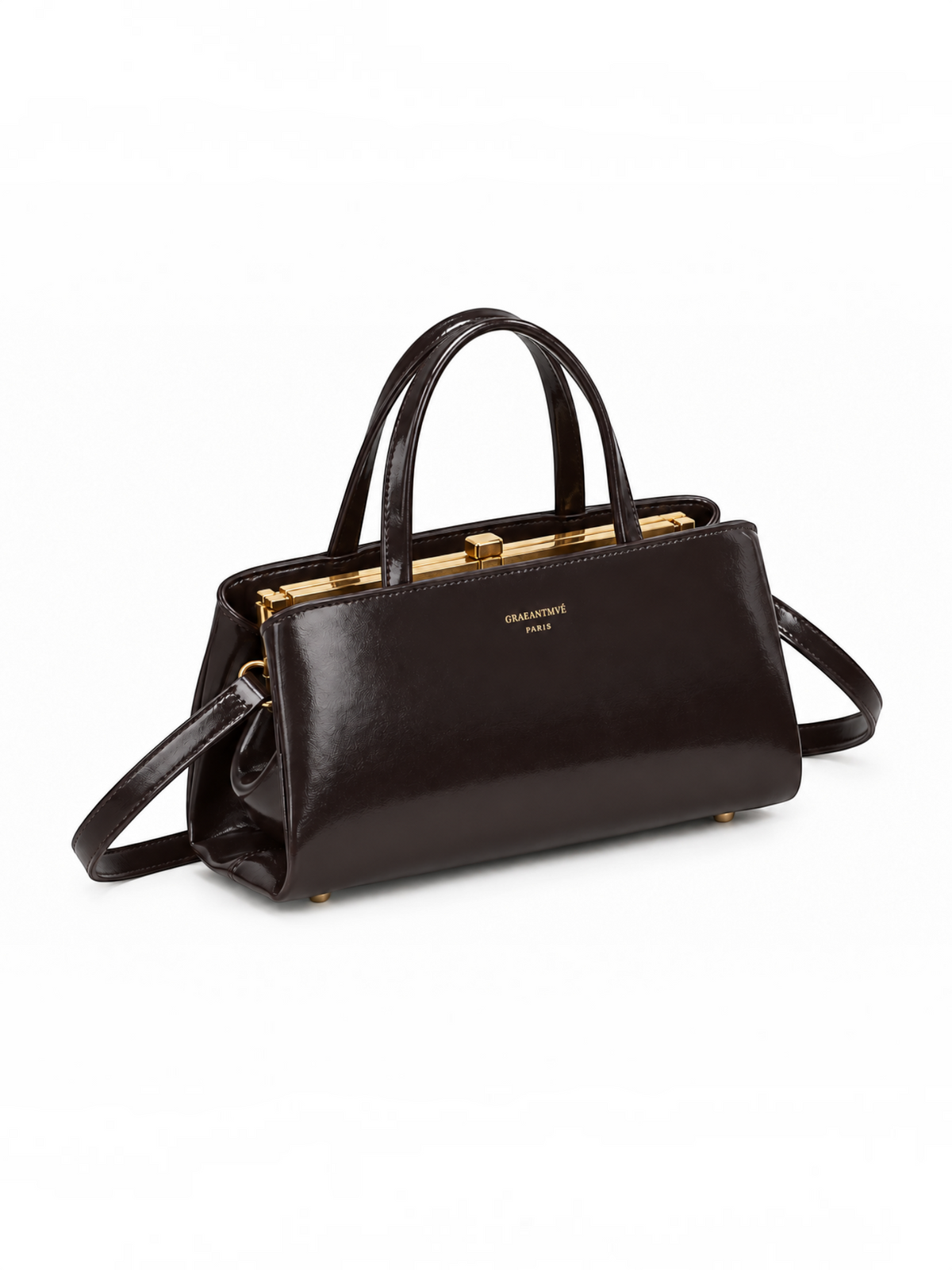Sac à main BROCK GALLANTRY La Rivance en cuir verni marron foncé avec armature métallique dorée et bandoulière.