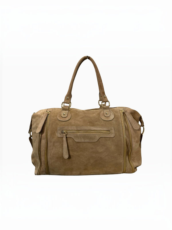 Sac à main  LOUISA LEE Big Gabrielle en cuir suède beige avec fermetures éclair dorées et bandoulière amovible