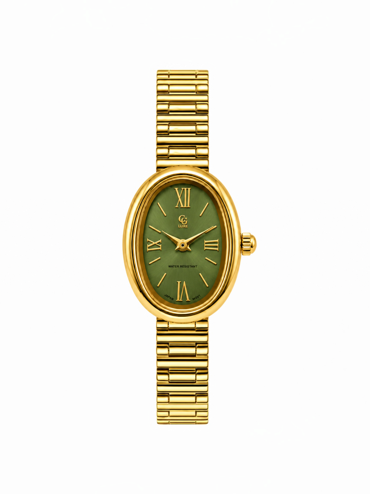 Montre BROCK FASHION TIME Lolie ovale en acier doré avec cadran vert et chiffres romains