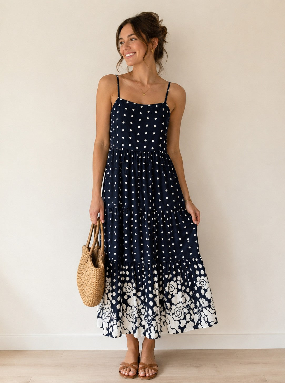 Robe Petit Pois Élastique Fine Bretelle Réglable