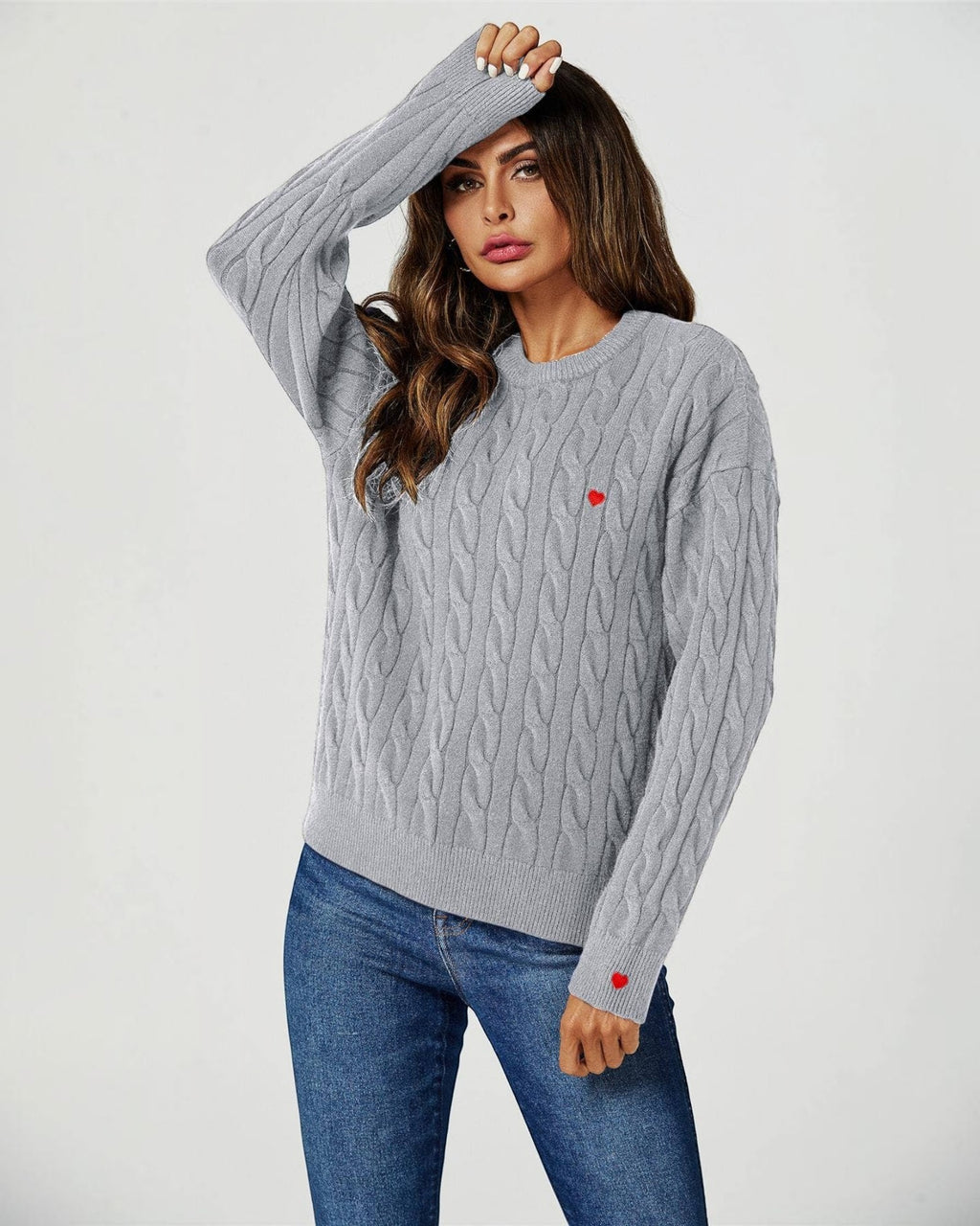 Pull en Maille Torsadée Gris avec Cœurs Rouges -  FS collection