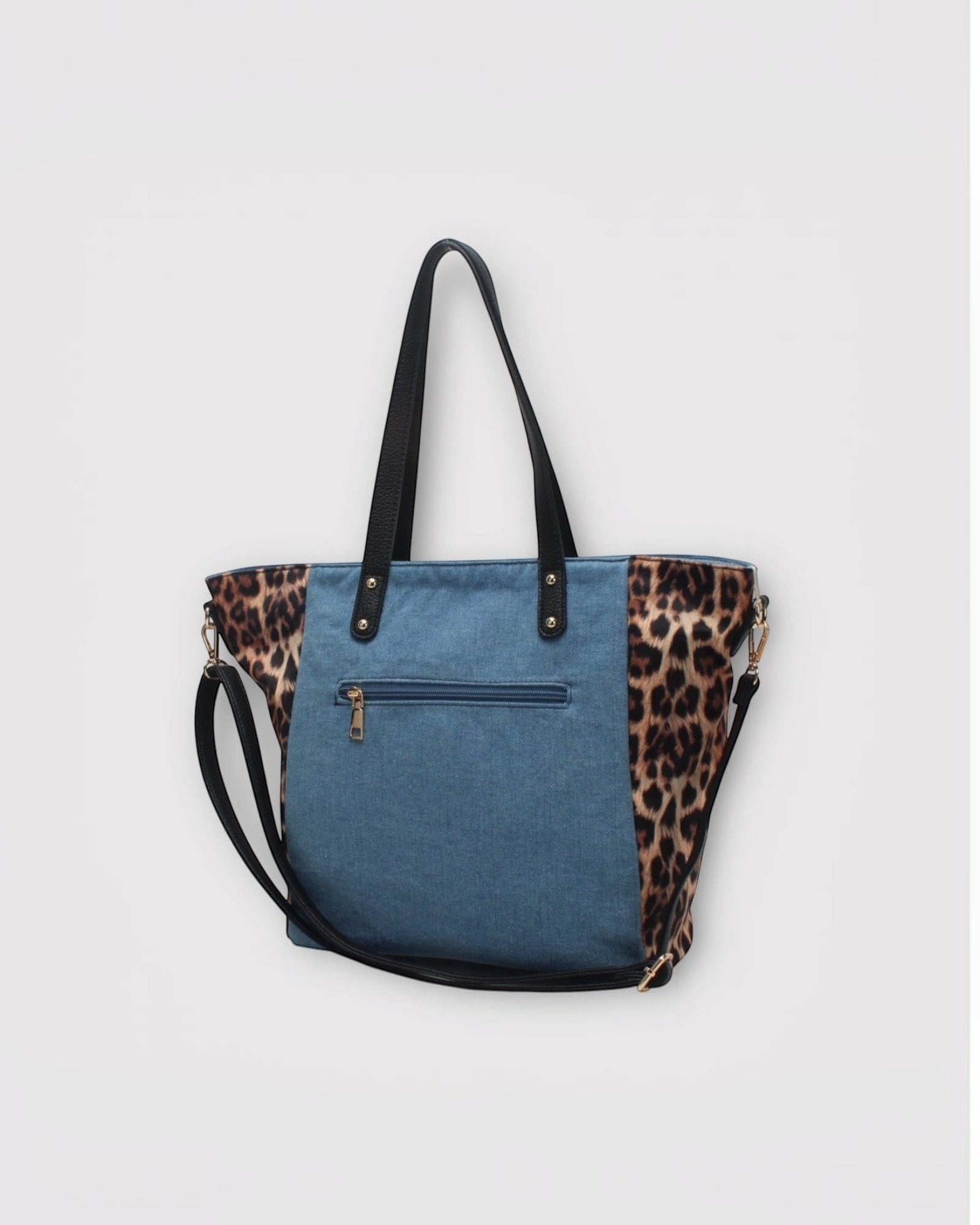 Sac cabas  BESTINI effet léopard en jean avec anse et bandoulière amovible.