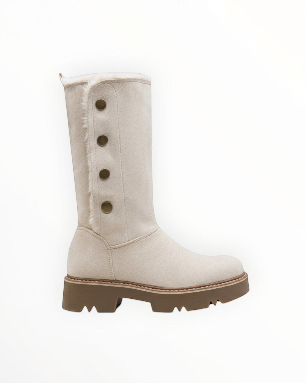 Bottes hautes d'hiver en suédine beige, doublées de fausse fourrure, avec boutons décoratifs et semelle crantée.