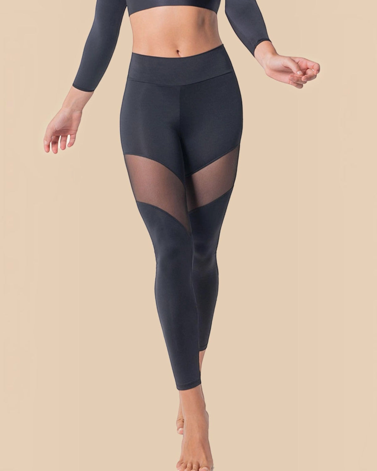 BROCK Anaissa Chypre black high-waisted sculpting sports leggings with sheer mesh panels for women