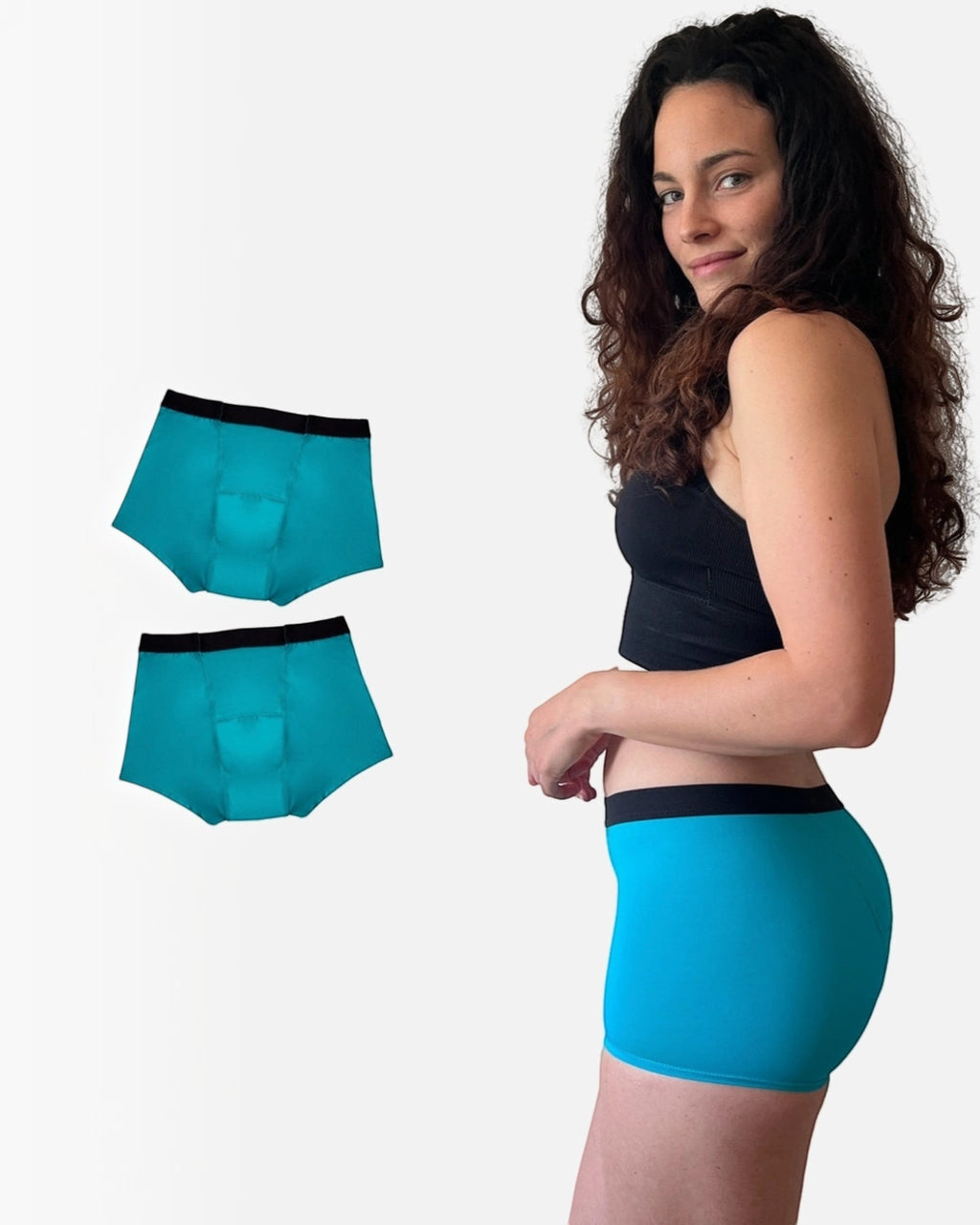 BROCK ANAISSA teen menstrual shorts in teal with black waistband, worn by a woman, shown with a pair of shorts.