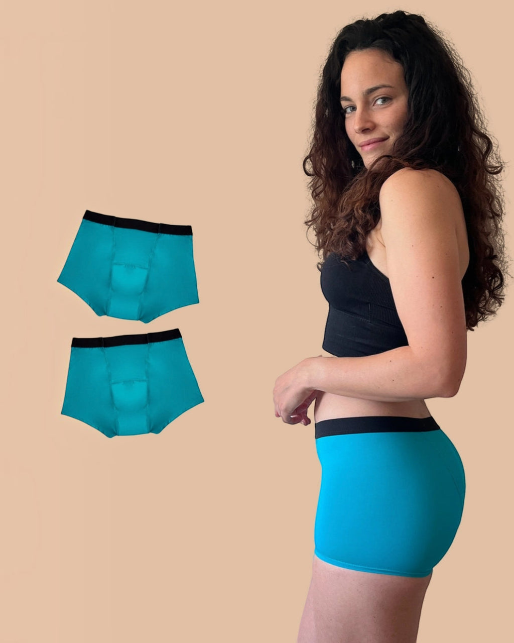BROCK ANAISSA teen menstrual shorts in turquoise with black waistband, worn by a model and shown as a two-pack set.