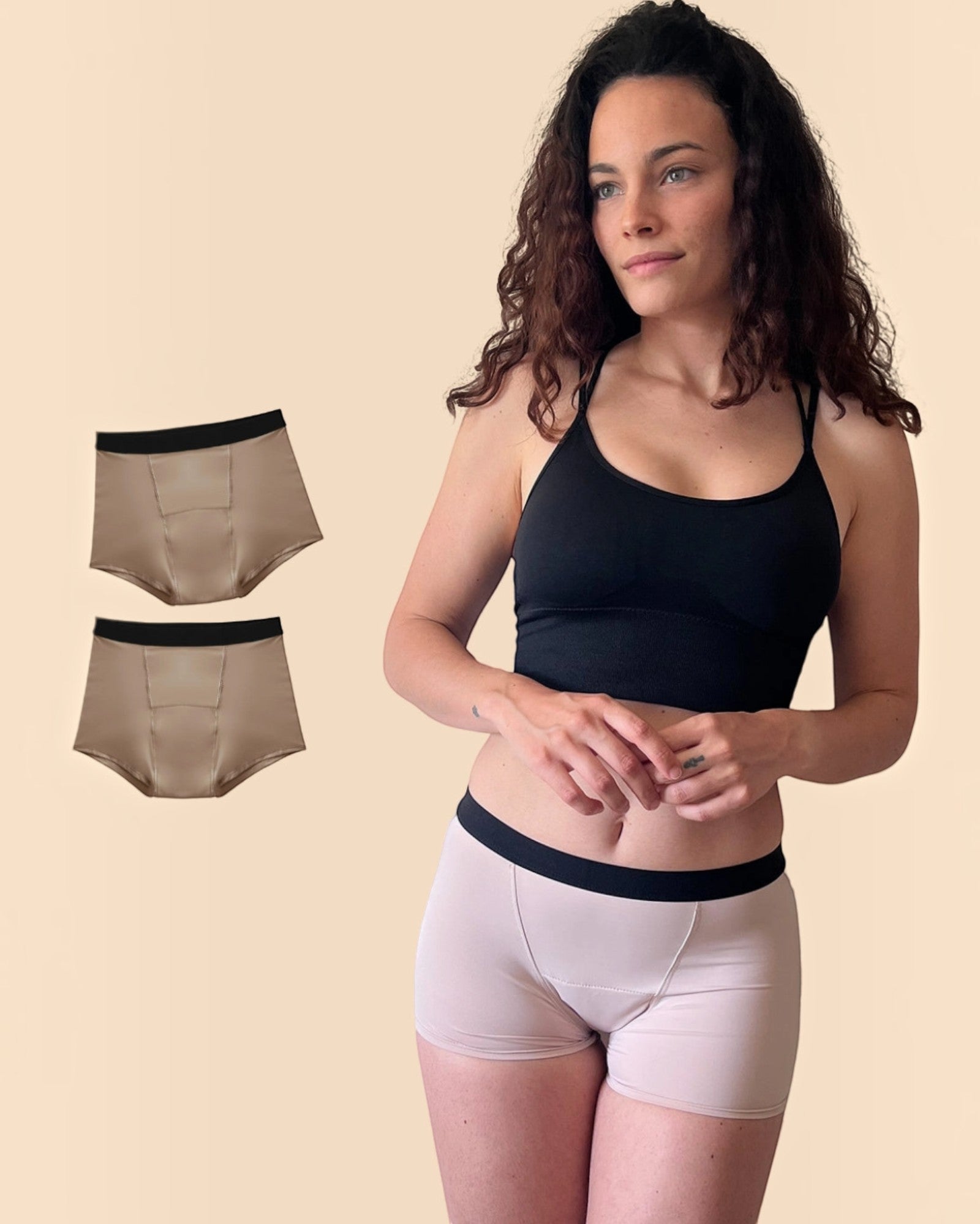 BROCK ANAISSA teen menstrual shorts in beige with black waistband worn by a model, plus a pair of shorts floating.