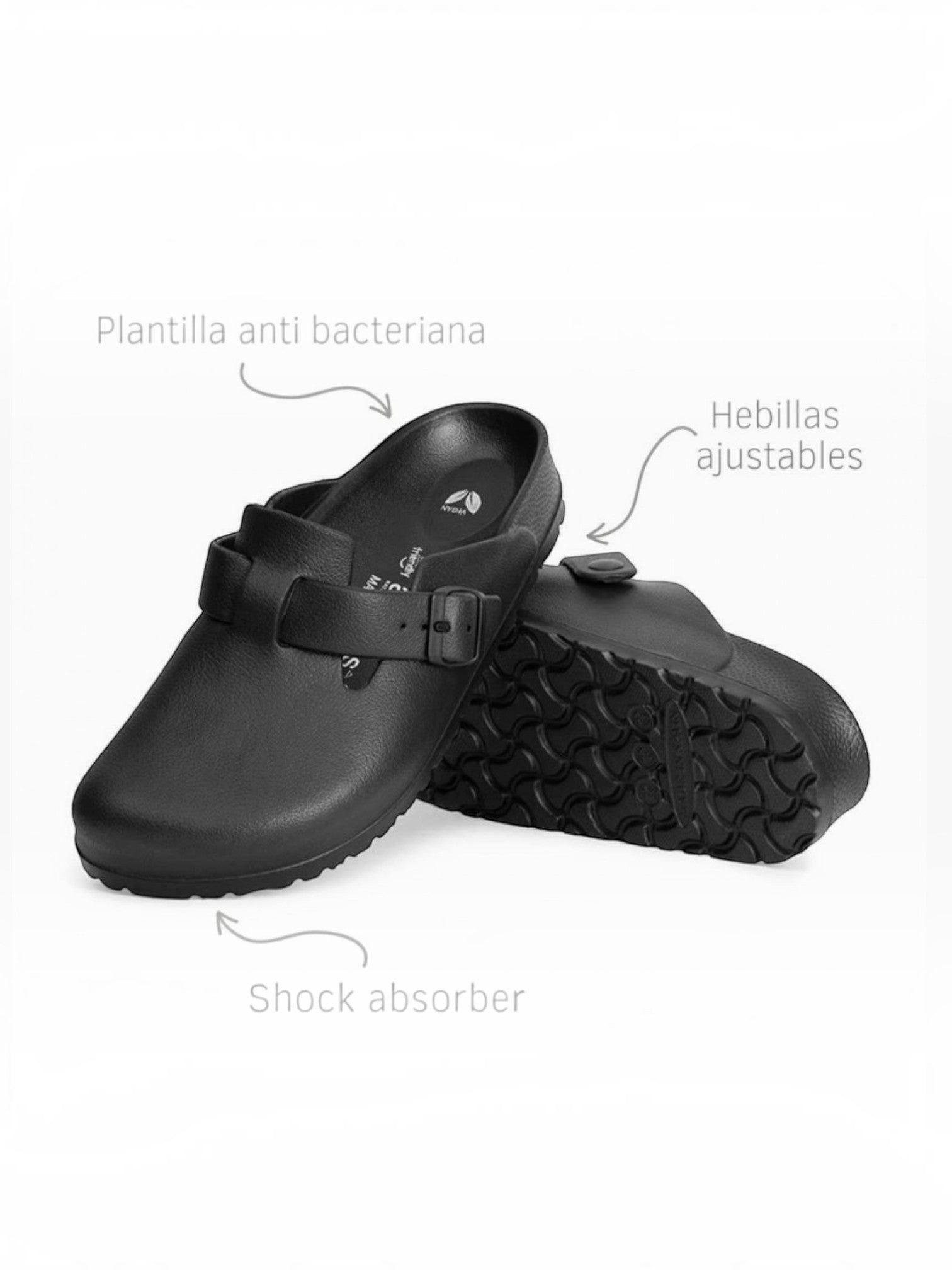 BROCK AVISPAS black EVA mule clogs with adjustable buckle, antibacterial insole, and shock-absorbing sole.