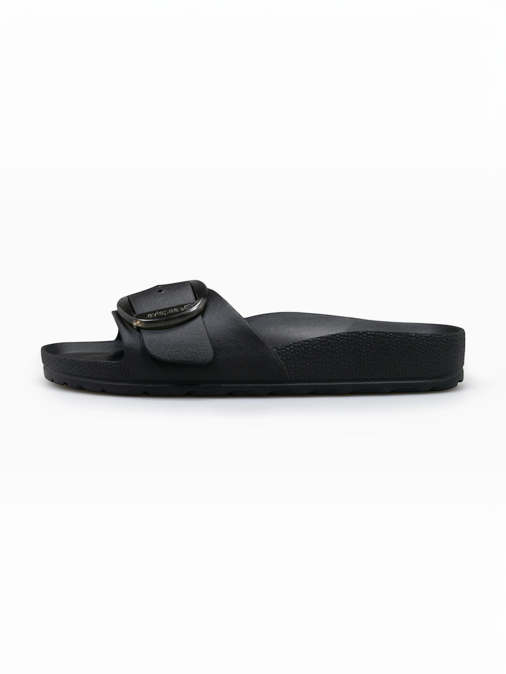 BROCK AVISPAS Milano black EVA sandal with anatomical footbed and adjustable translucent oval buckle, side view