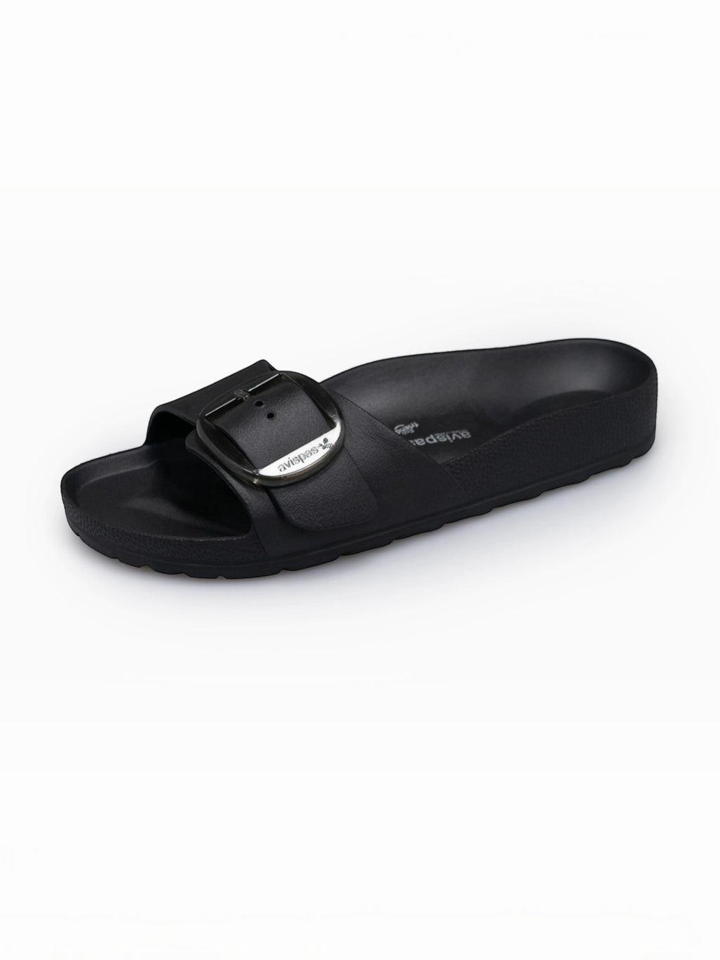 BROCK AVISPAS Milano black EVA vegan sandal with an adjustable translucent oval buckle and anatomical footbed.