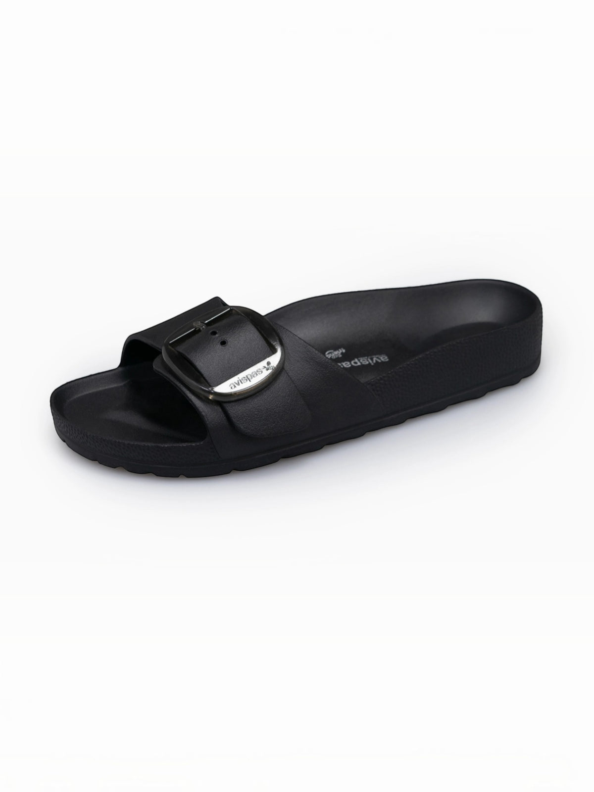 BROCK AVISPAS Milano black EVA vegan sandal with an adjustable translucent oval buckle and anatomical footbed.