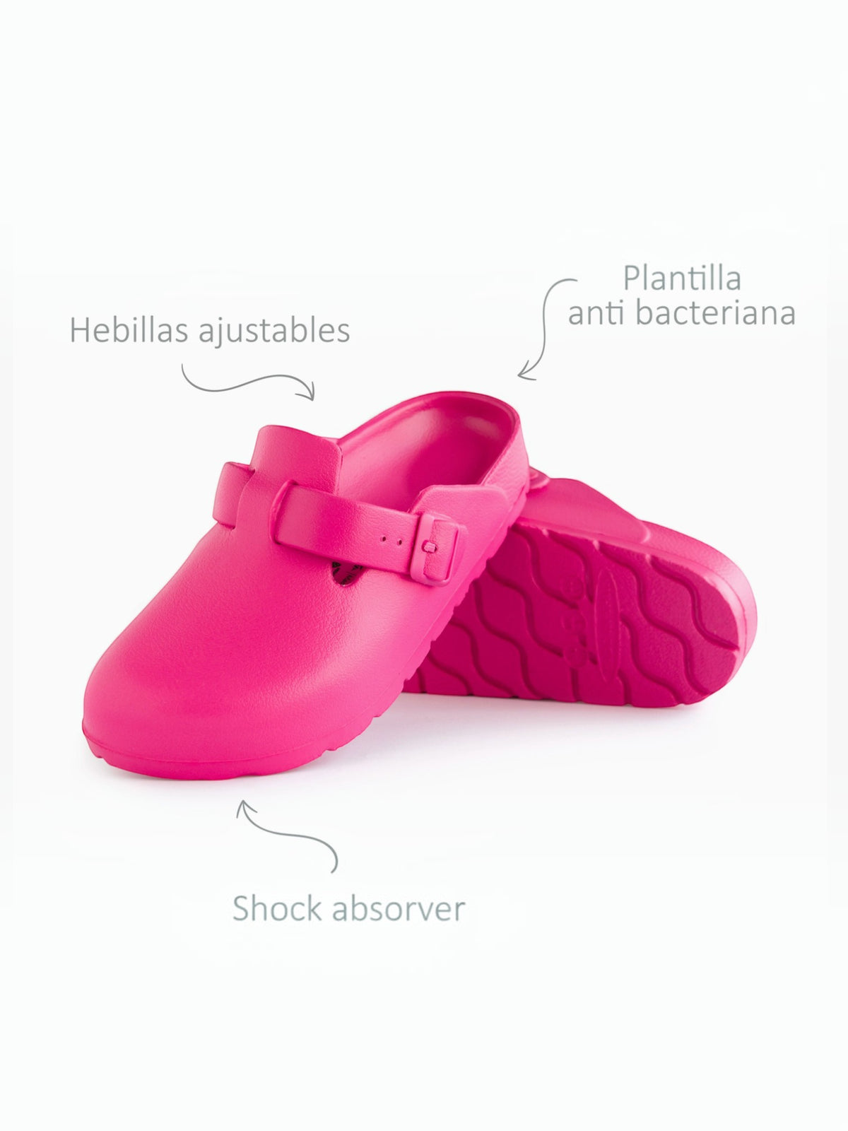 BROCK AVISPAS Desalia pink EVA mule clogs with adjustable buckle, antibacterial sole, and shock-absorbing design.