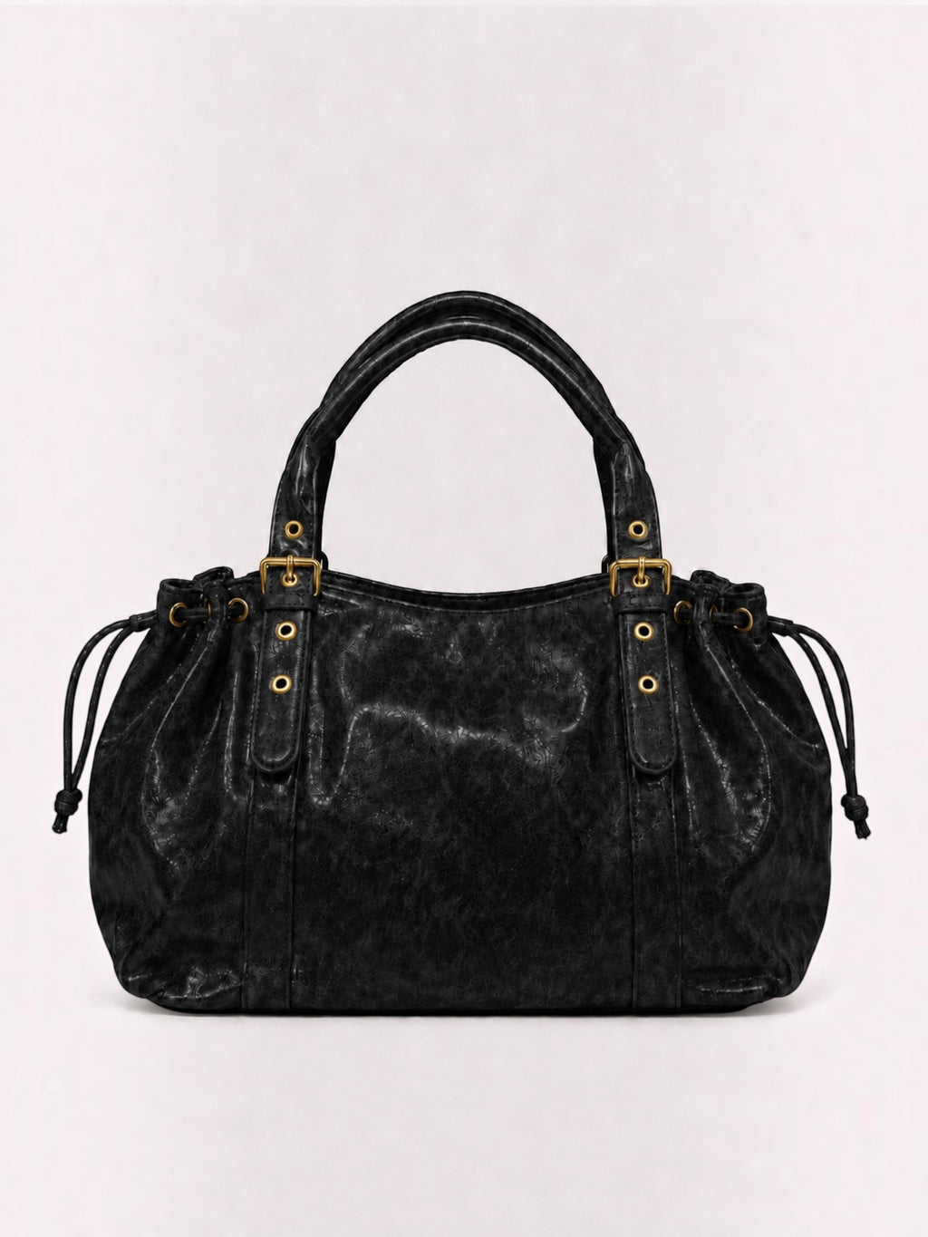 BROCK BAGSTORY black faux leather XXL handbag with gold buckle details and drawstring sides