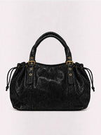BROCK BAGSTORY black faux leather XXL handbag with gold buckle details and drawstring sides