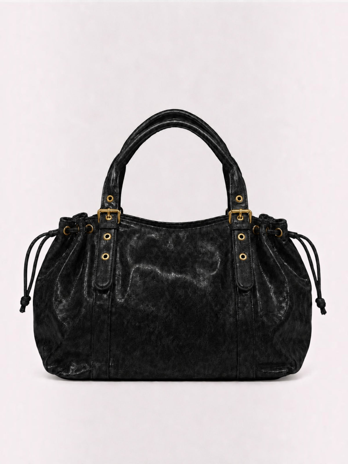 BROCK BAGSTORY black faux leather XXL handbag with gold buckle details and drawstring sides