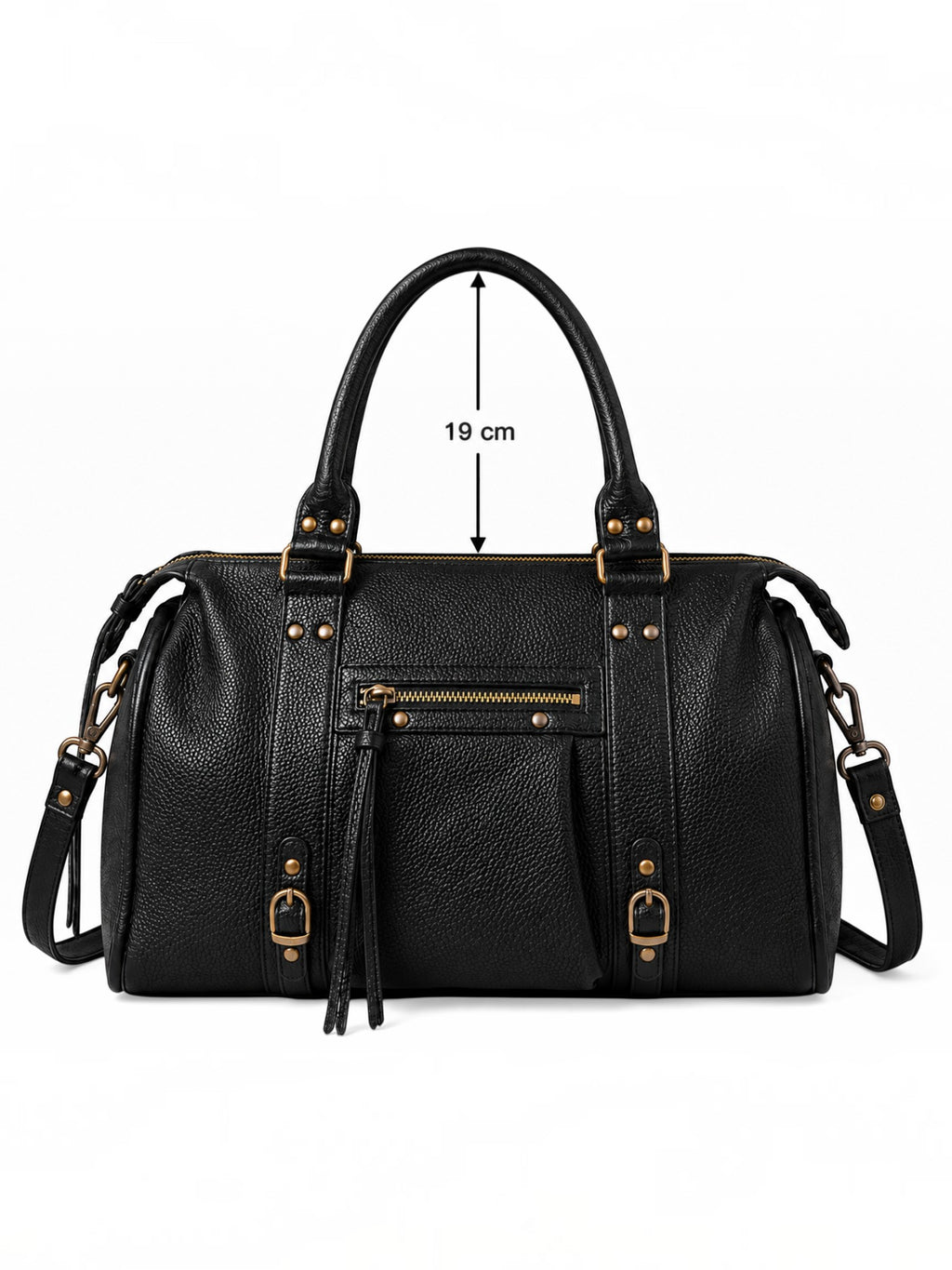 BROCK BAGSTORY black faux leather tote bag with gold hardware, zip closure, and long shoulder straps for A4 items.