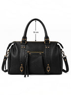 BROCK BAGSTORY black faux leather tote bag with gold hardware, zip closure, and long shoulder straps for A4 items.