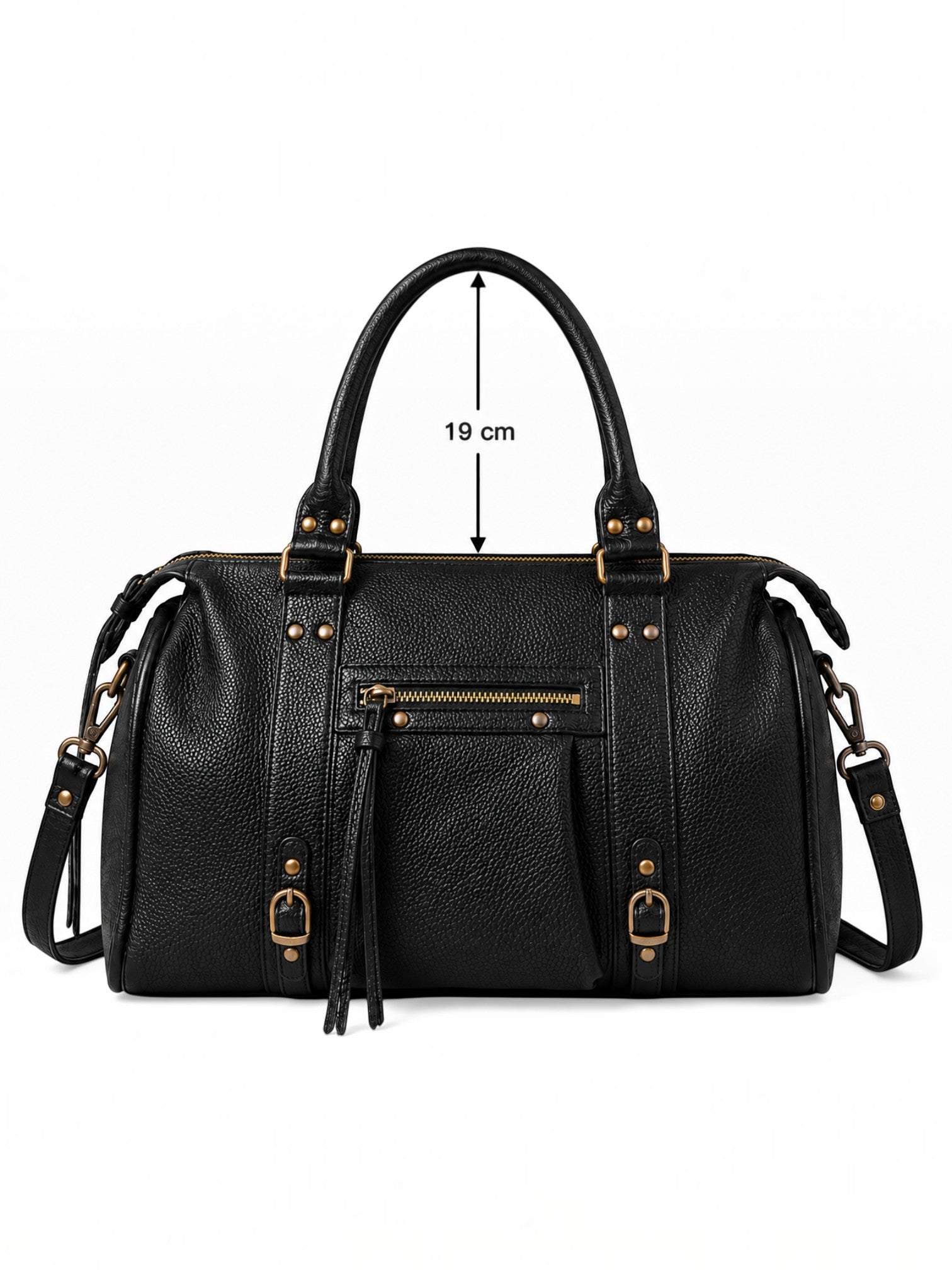 BROCK BAGSTORY black faux leather tote bag with gold hardware, zip closure, and long shoulder straps for A4 items.
