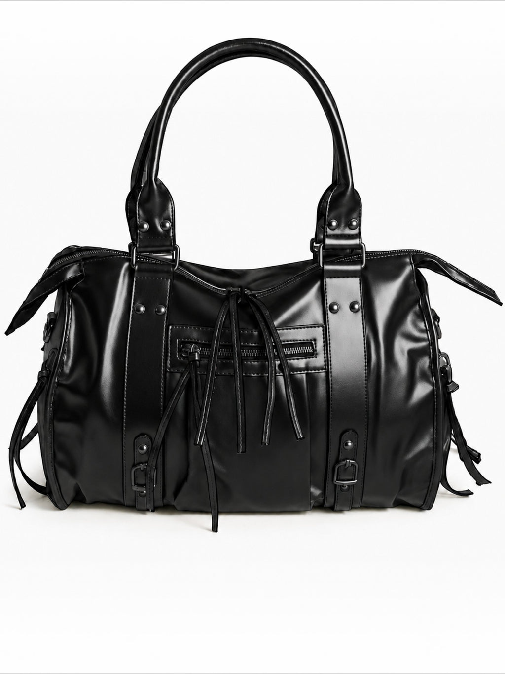 BROCK BAGSTORY black glossy faux leather A4 school and laptop tote bag with zippered pockets and buckle details