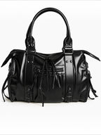 BROCK BAGSTORY black glossy faux leather A4 school and laptop tote bag with zippered pockets and buckle details
