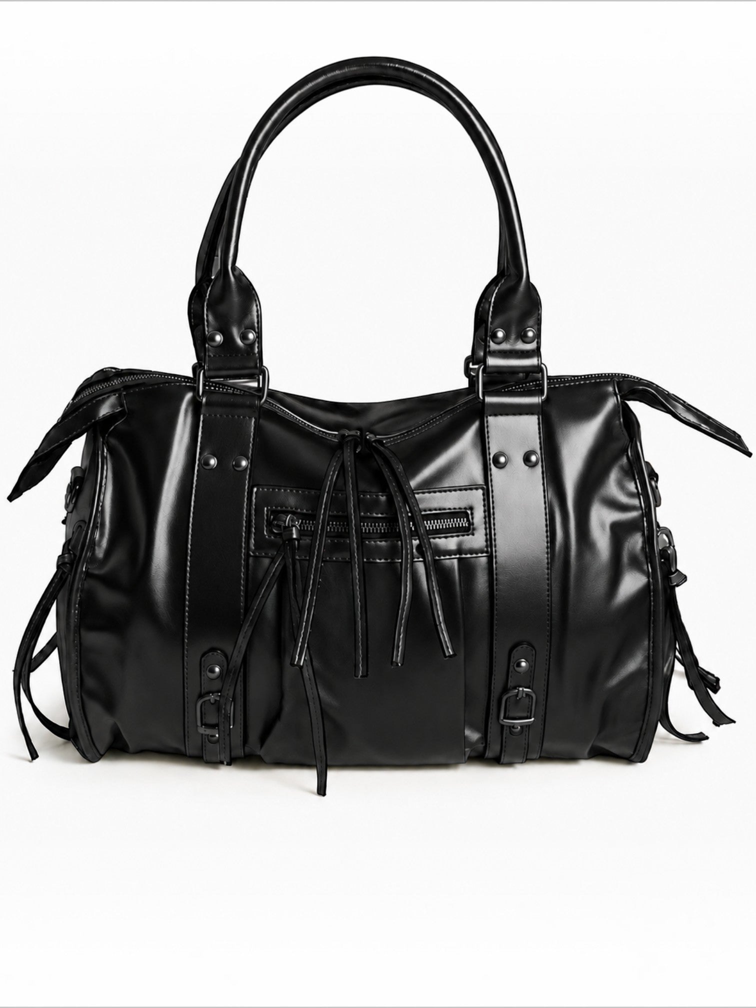 BROCK BAGSTORY black glossy faux leather A4 school and laptop tote bag with zippered pockets and buckle details