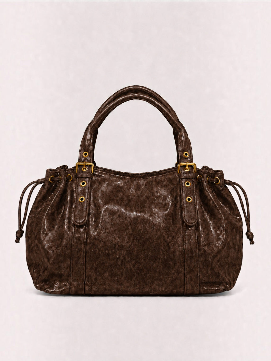 BROCK BAGSTORY XXL brown faux leather handbag with gold buckle details and drawstring sides