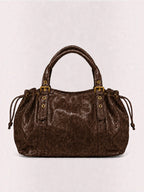 BROCK BAGSTORY XXL brown faux leather handbag with gold buckle details and drawstring sides