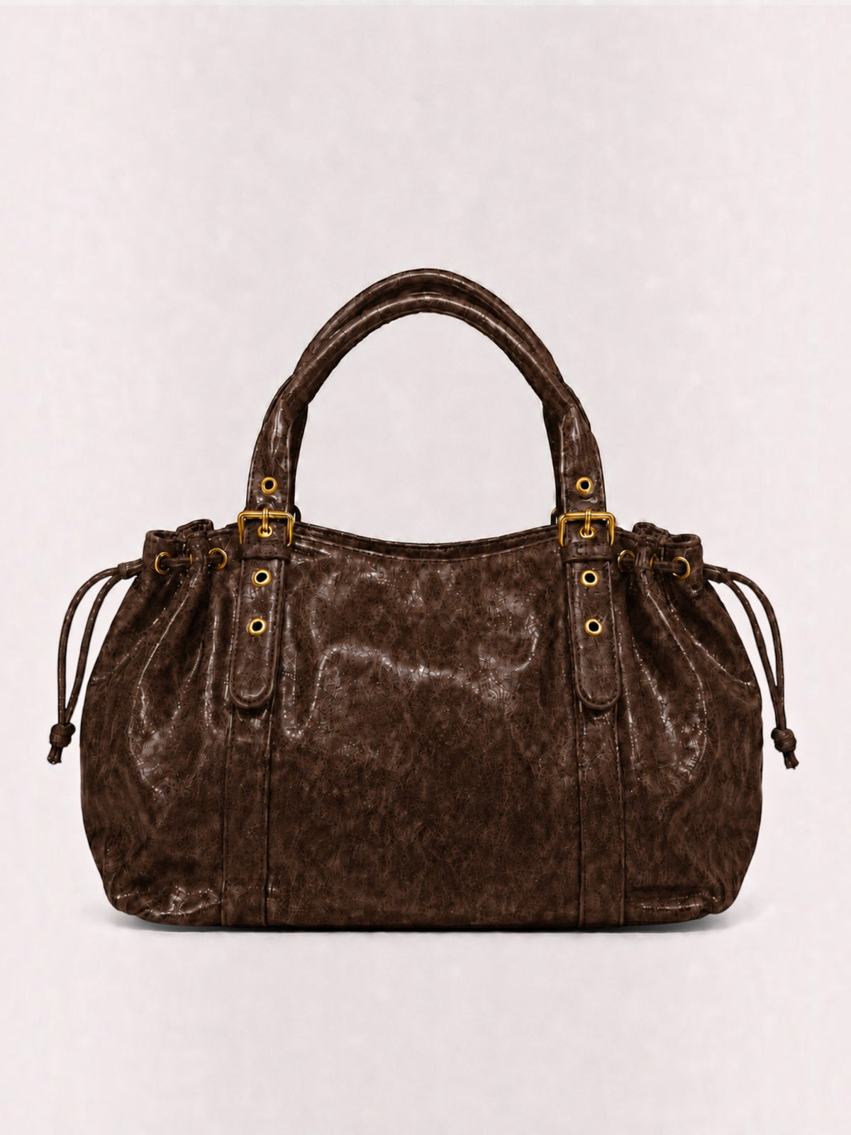 BROCK BAGSTORY XXL brown faux leather handbag with gold buckle details and drawstring sides