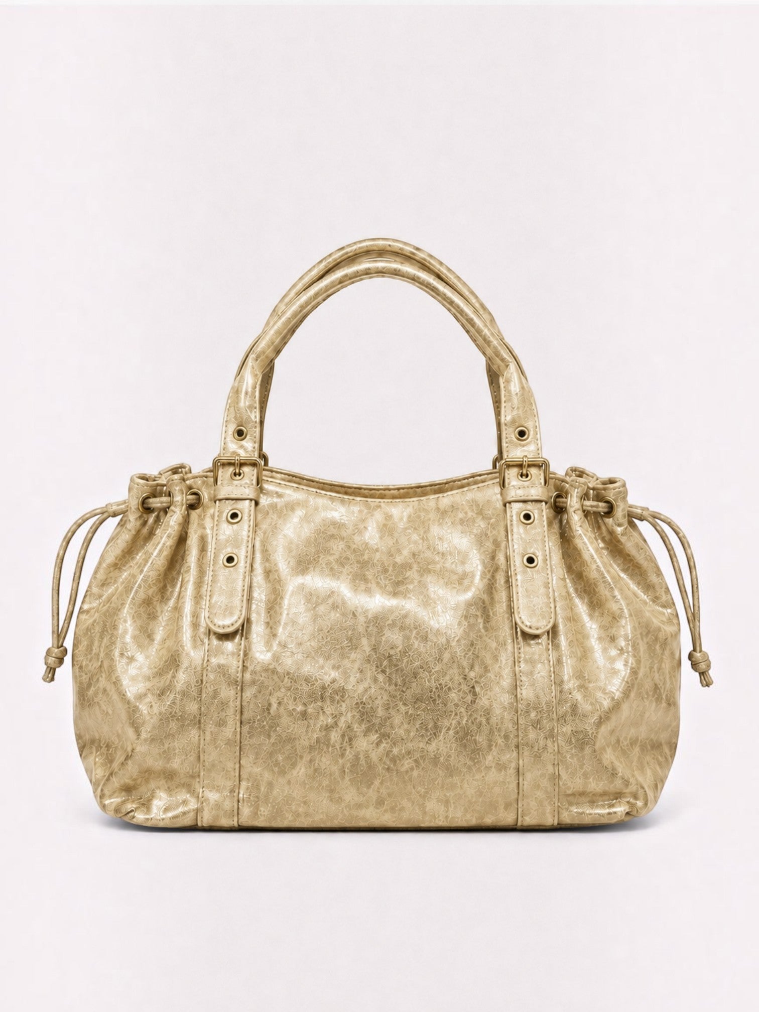 BROCK BAGSTORY XXL gold faux leather handbag with drawstring sides and sturdy top handles for daily use