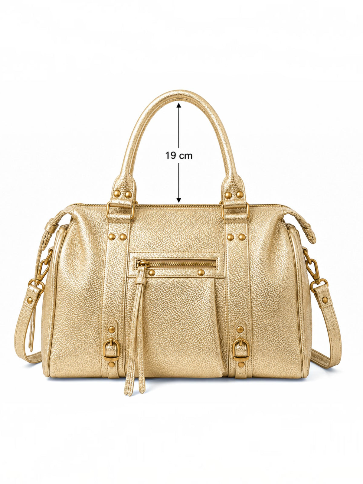 BROCK BAGSTORY metallic gold faux leather tote bag with zip closure and long shoulder straps for A4 documents