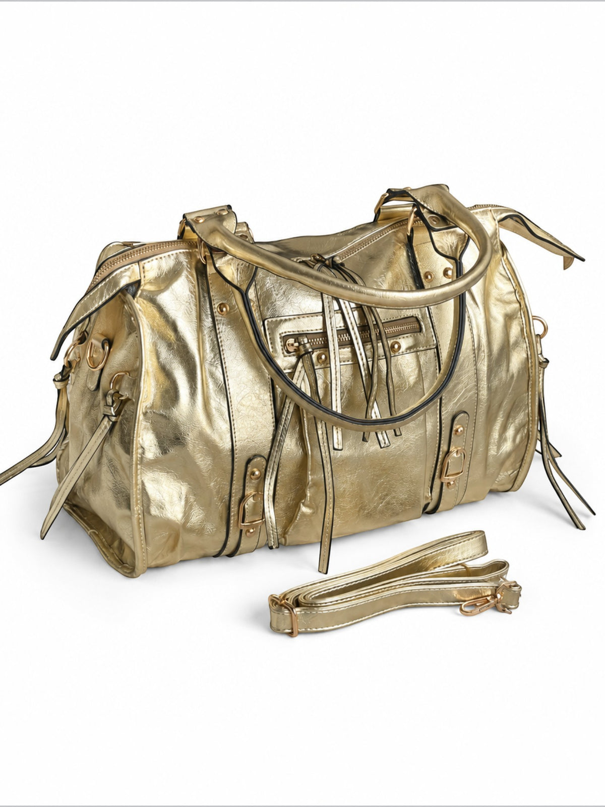 BROCK BAGSTORY gold metallic faux leather A4 tote bag with zip pockets and detachable shoulder strap