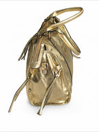 BROCK BAGSTORY gold metallic faux leather A4 tote bag with side view and zipper details