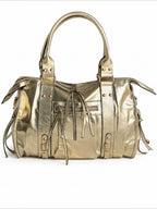 BROCK BAGSTORY gold metallic faux leather A4 tote bag with zip pockets and sturdy handles for laptop storage