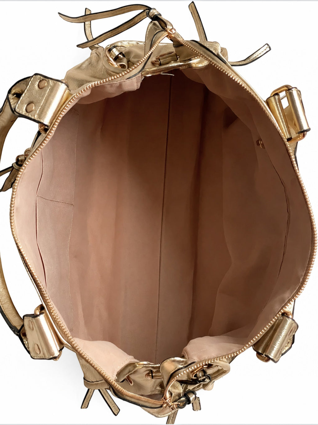 Interior view of a BROCK BAGSTORY gold faux leather A4 tote bag with a spacious lined compartment