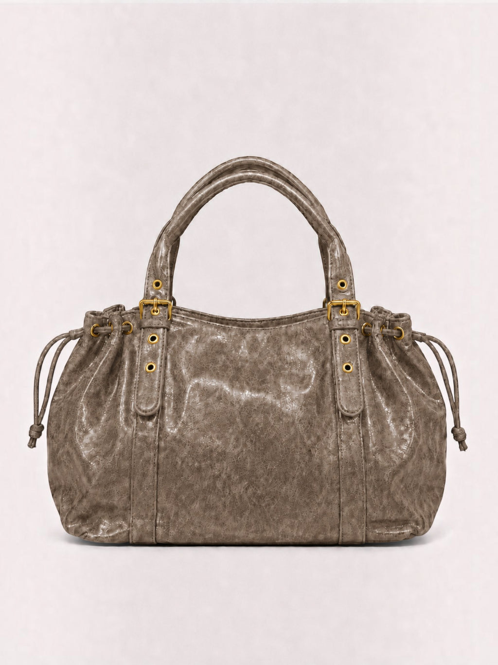BROCK BAGSTORY XXL grey faux leather handbag with drawstring details and gold-tone hardware