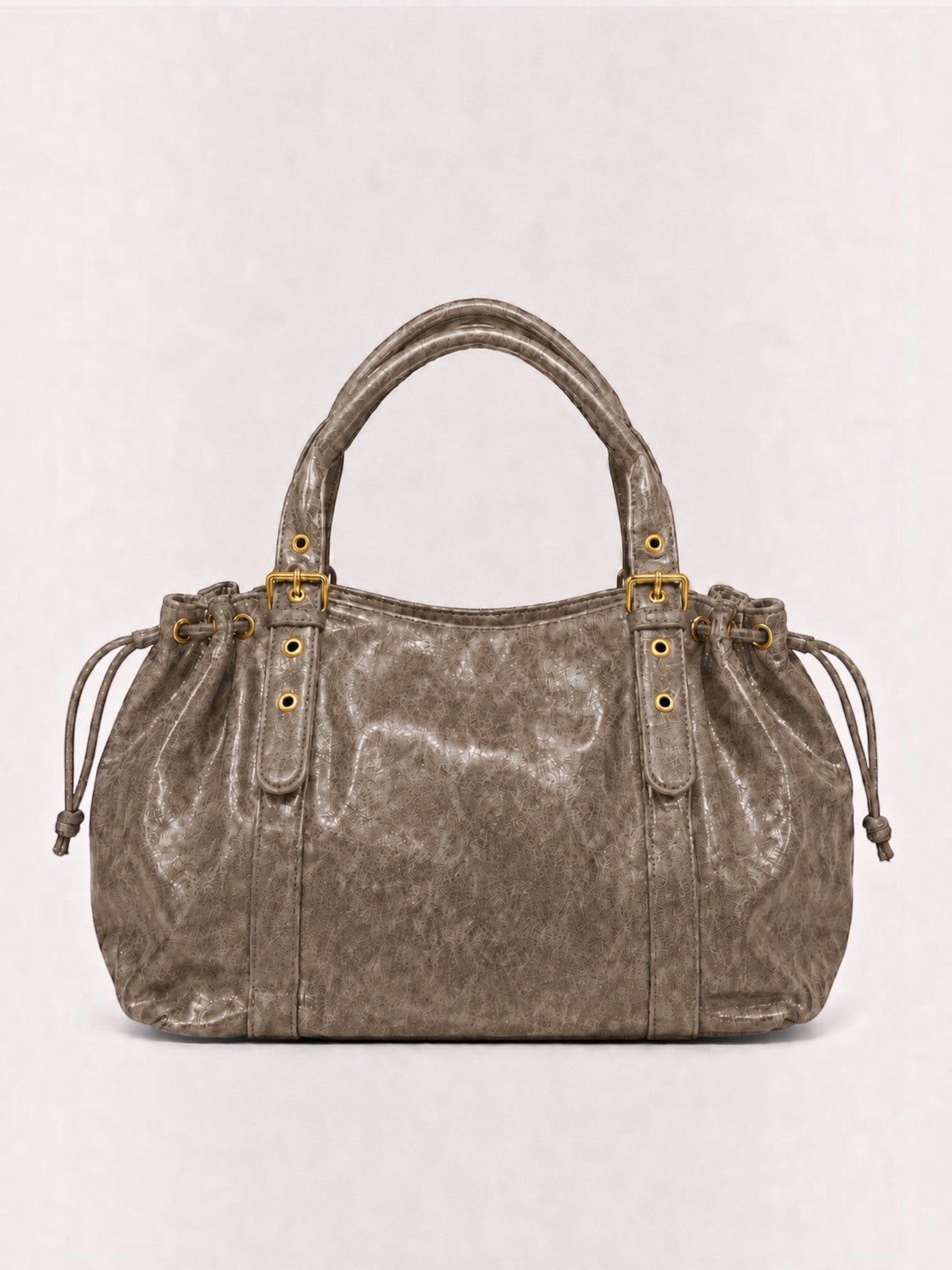 BROCK BAGSTORY XXL grey faux leather handbag with drawstring details and gold-tone hardware