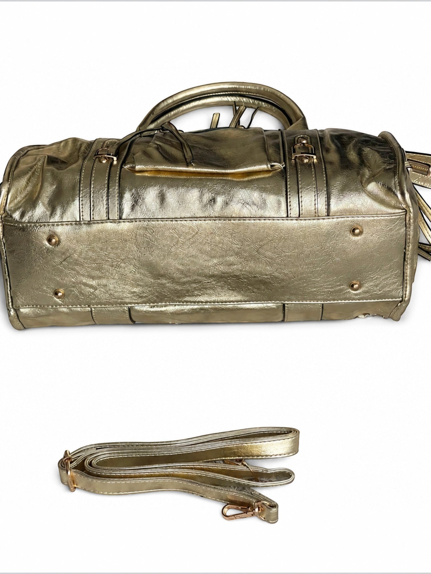 BROCK BAGSTORY metallic gold faux leather A4 school bag with top handles and detachable shoulder strap