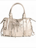 BROCK BAGSTORY metallic silver faux leather A4 tote bag with zip pockets and sturdy handles for laptop storage